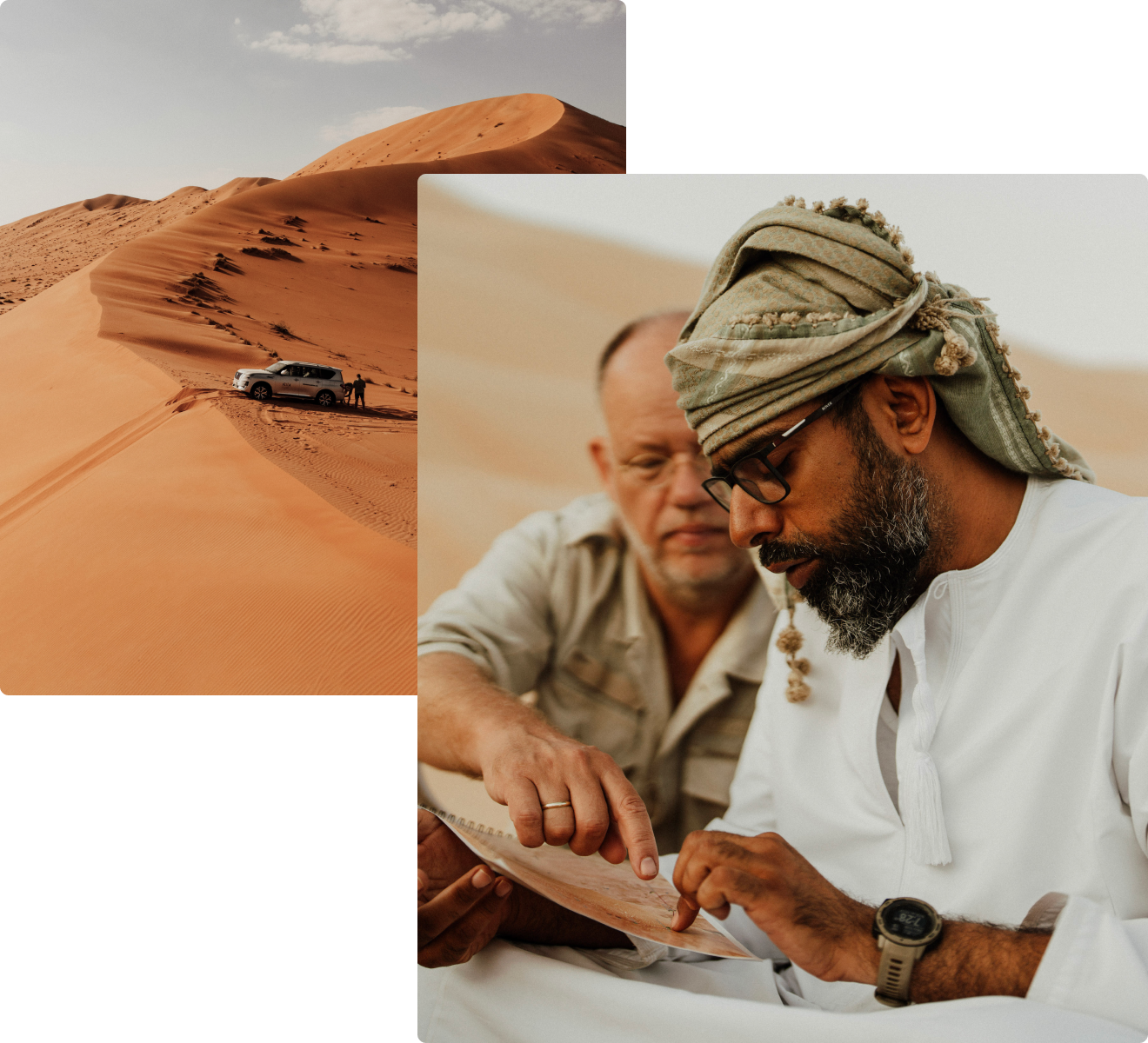 two images in one. first, a 4x4 waiting to descend a large sand dune. second, two people looking at a map.