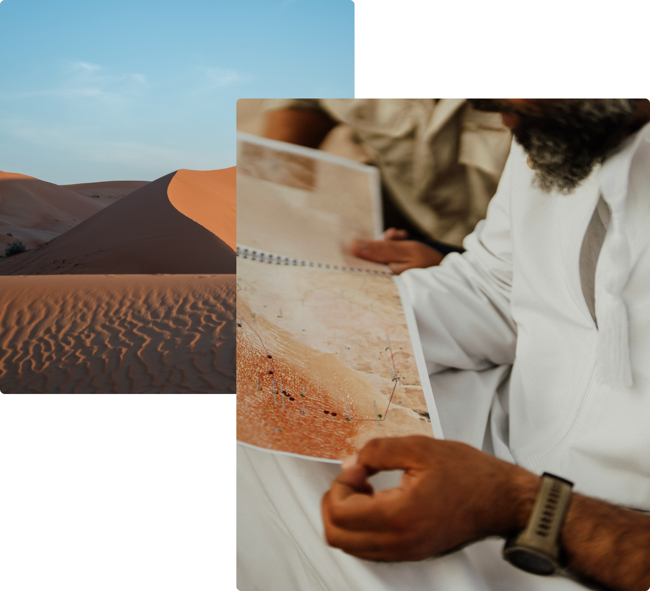 two images in one. first, sand dunes. second, someone looking at a map.