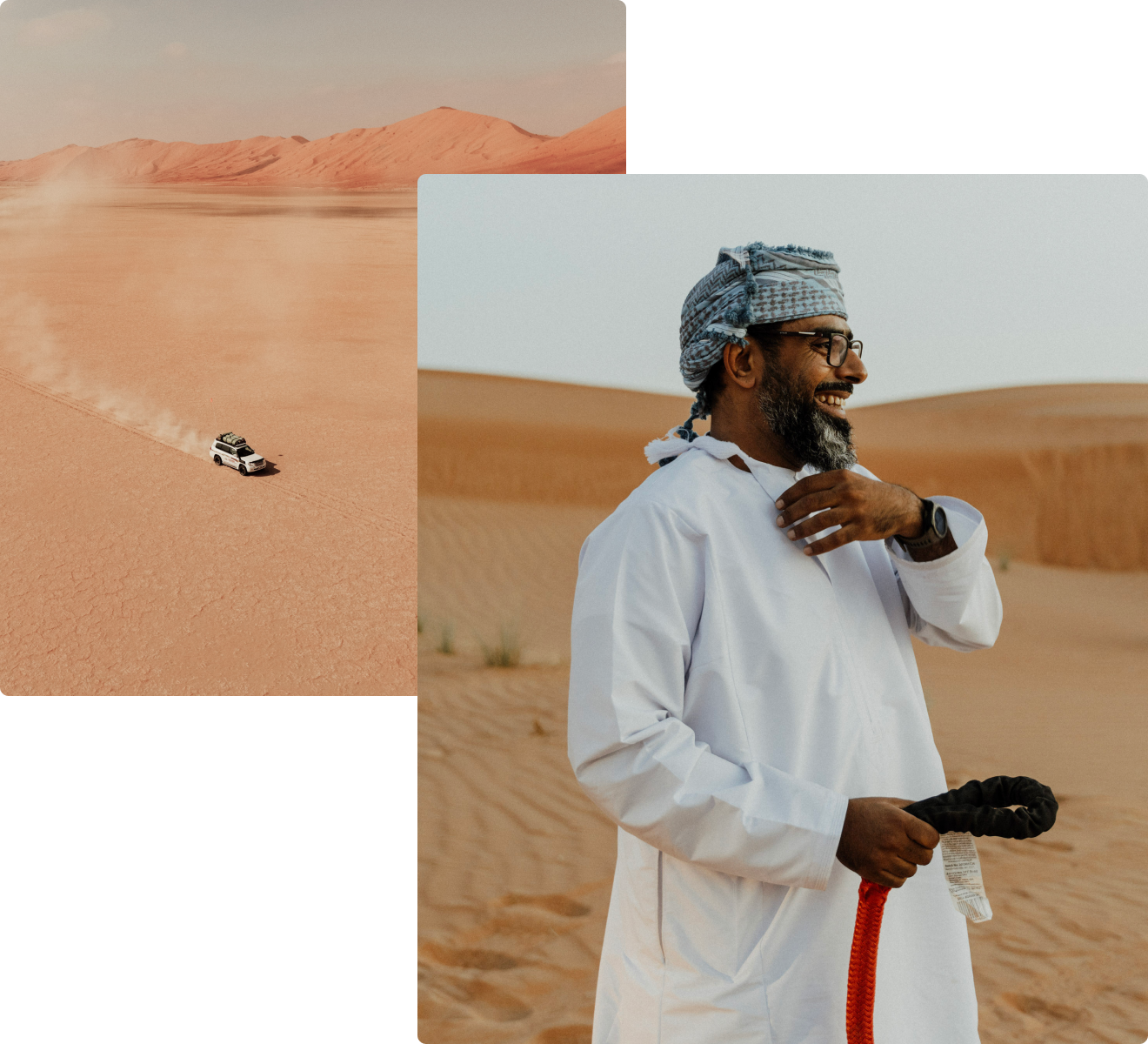 two images in one. first, a car driving across the desert. second, a person holding a tow rope.